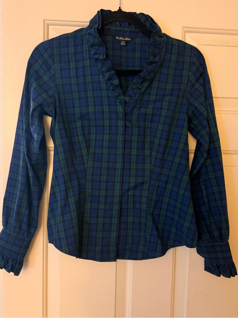 Brooks Brothers Blue and Green Plaid Blouse with Ruffle Collar
